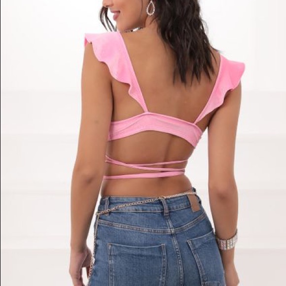 Madison Ruffle Crop Top in Pink Velvet Small - Picture 2 of 6